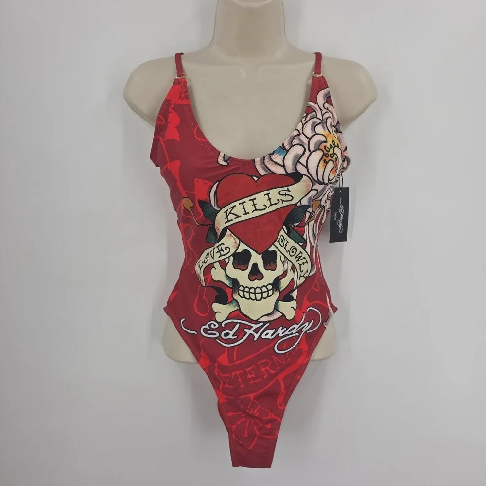 Y2K Ed Hardy Swimsuit Women L Red Love Kills Slowly One‎ Pc Tattoo Skull Graphic